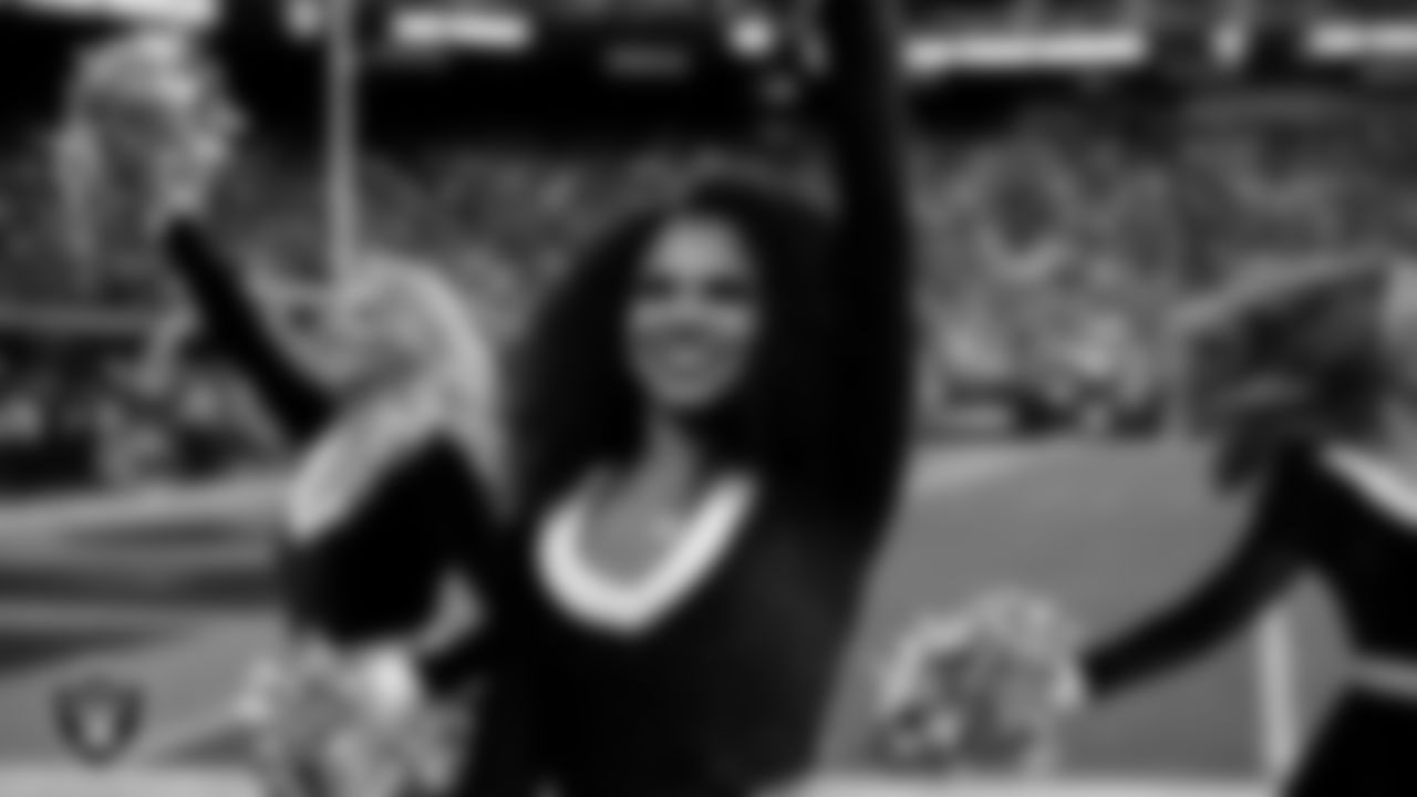 Raiderette Shayla on the sidelines during the regular season home game against the New York Giants at Allegiant Stadium.