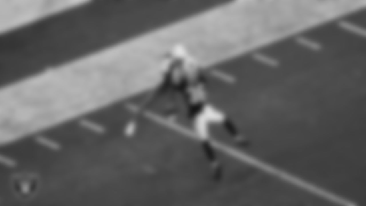 Las Vegas Raiders cornerback Kyu Blu Kelly (36) breaks up a pass during the regular season home game against the Los Angeles Chargers at Allegiant Stadium.