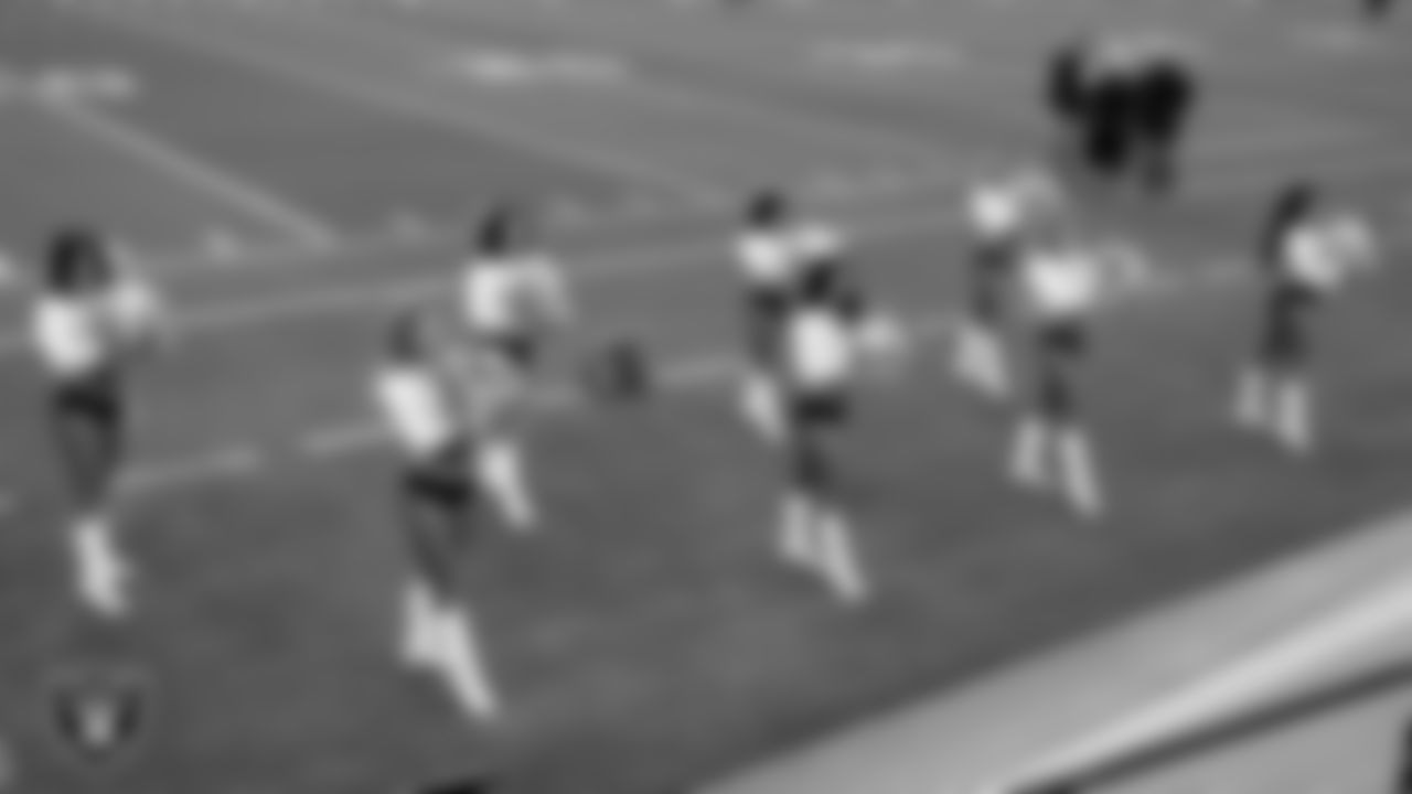Line 2 of the Raiderettes on the sidelines during a 2025 Training Camp mock game at Allegiant Stadium.