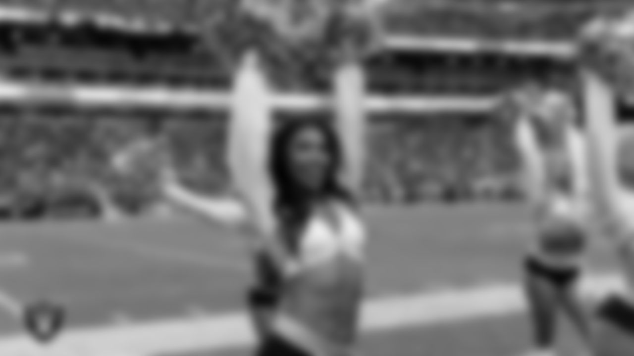 Raiderette Cierra on the sidelines during the regular season home game against the Chicago Bears at Allegiant Stadium.