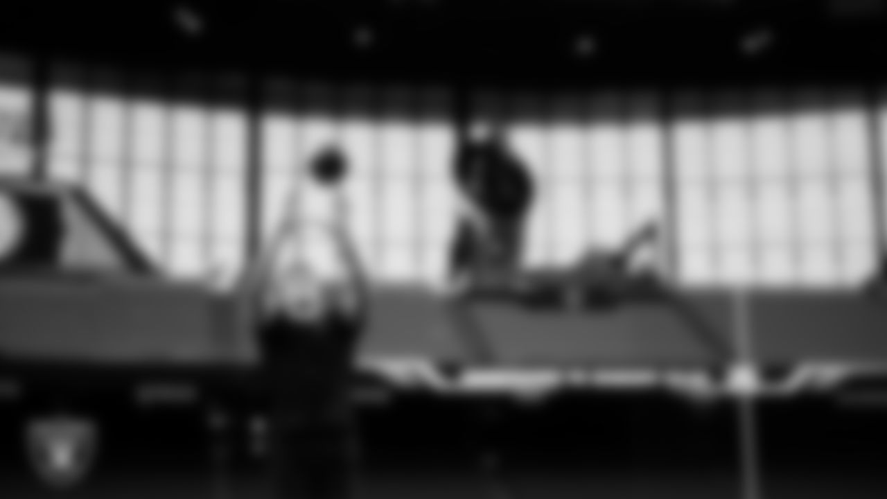 Las Vegas Raiders linebacker Cody Lindenberg (55) warming up before the regular season home game against the Denver Broncos at Allegiant Stadium.