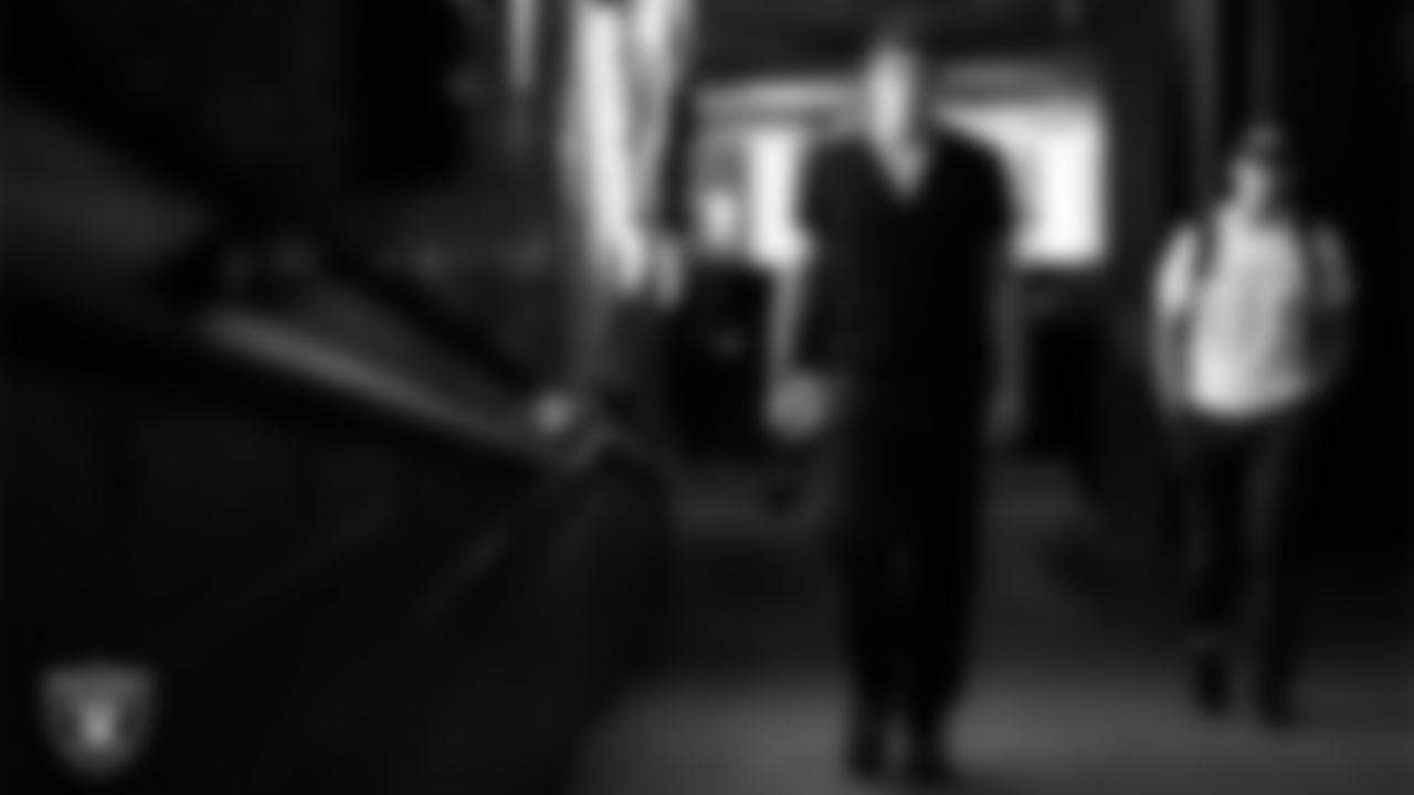 Las Vegas Raiders tight end Carter Runyon (46) arrives to the regular season home game against the Los Angeles Chargers at Allegiant Stadium.