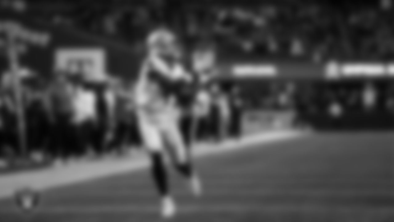 Las Vegas Raiders wide receiver Shedrick Jackson (4) goes to make a 41-yard touchdown catch during the preseason away game against the Seattle Seahawks at Lumen Field.