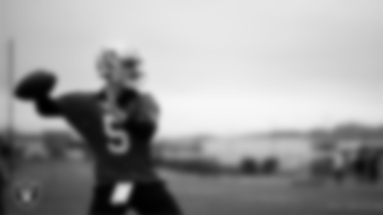 Las Vegas Raiders quarterback Cam Miller (5) during practice at Intermountain Health Performance Center.