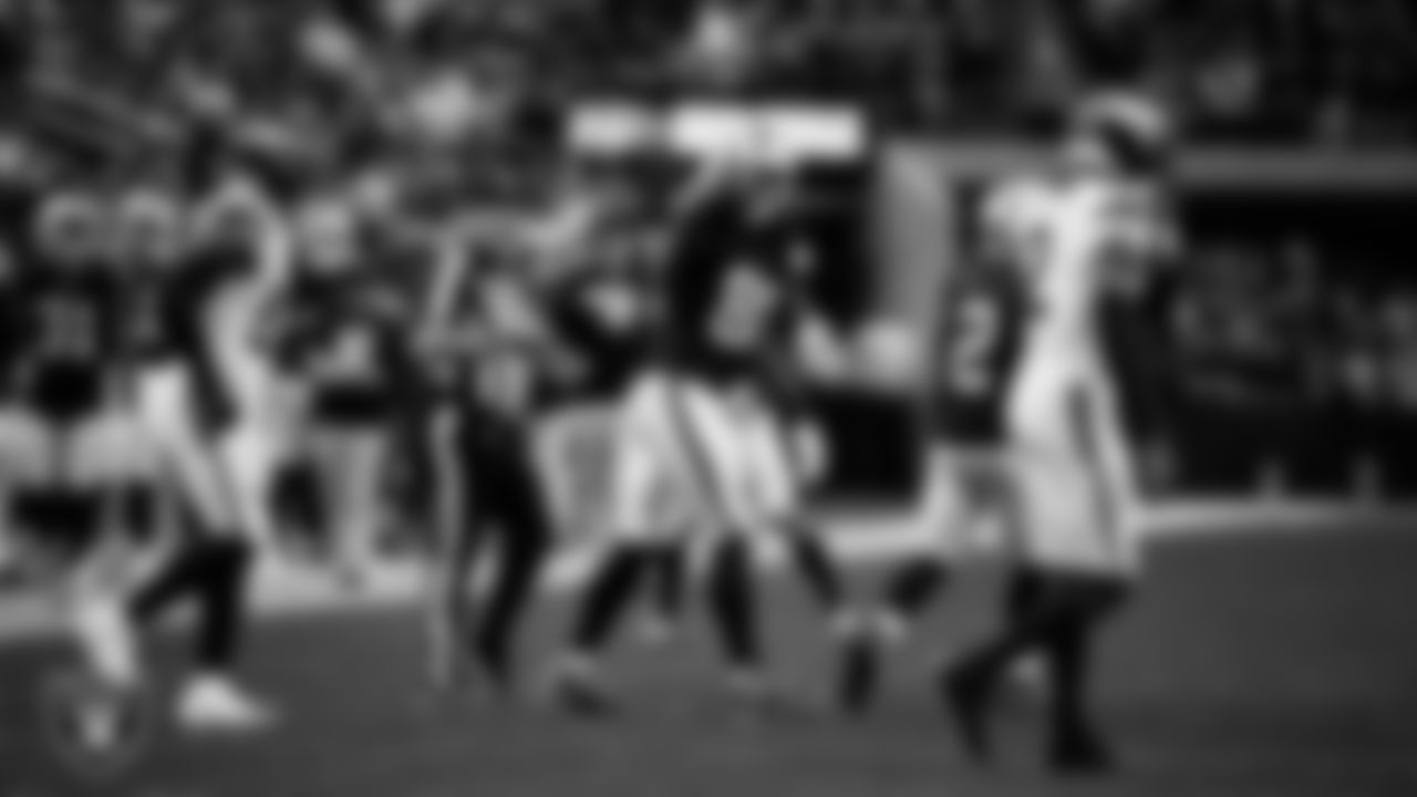 Las Vegas Raiders tight end Ian Thomas (80) celebrates after making a first down during the regular season home game against the Denver Broncos at Allegiant Stadium.