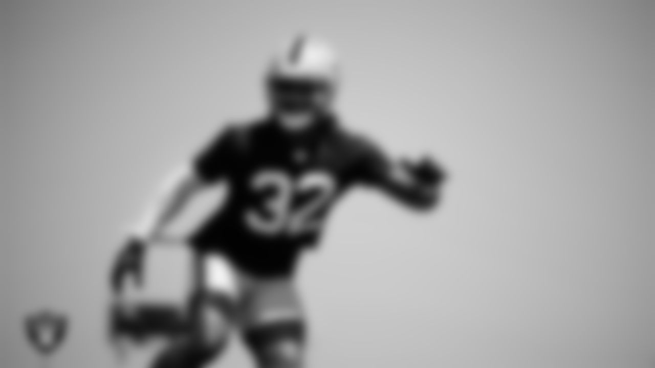 Las Vegas Raiders safety Lonnie Johnson Jr. (32) on the field for mandatory minicamp at Intermountain Health Performance Center.