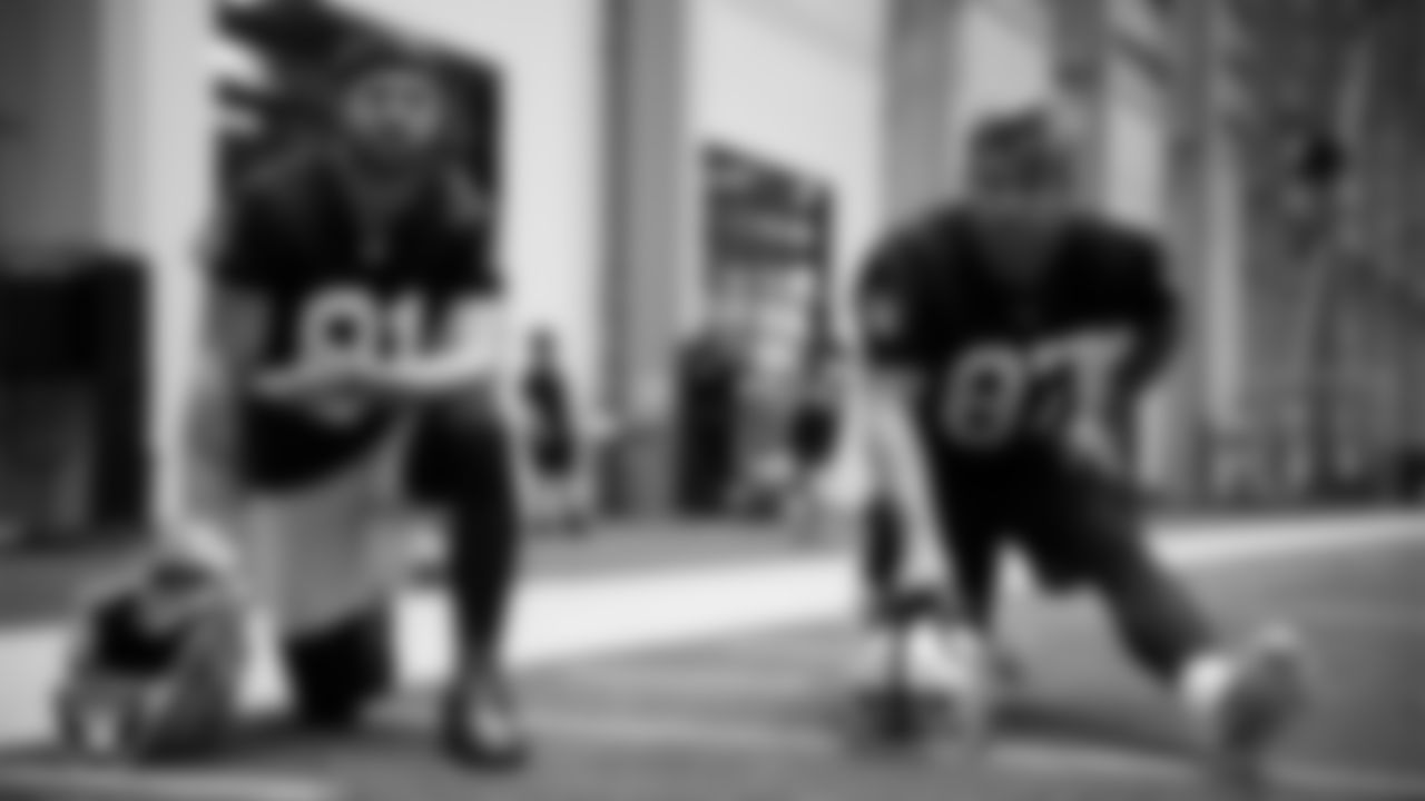 Las Vegas Raiders wide receiver Alex Bachman (81) and tight end Michael Mayer (87) during practice at Intermountain Health Performance Center.