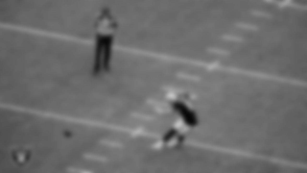 Las Vegas Raiders kicker Daniel Carlson (8) during the preseason home game against the San Francisco 49ers at Allegiant Stadium.