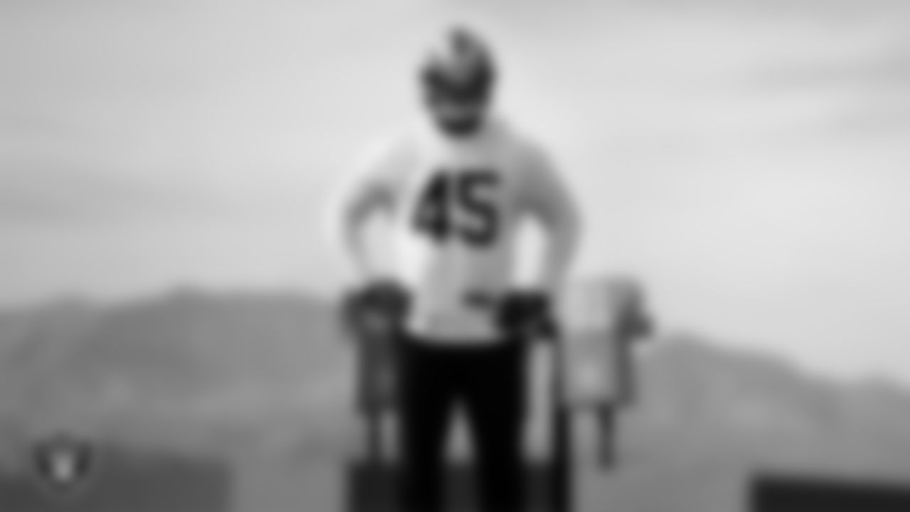 Las Vegas Raiders linebacker Devin White (45) during practice at Intermountain Health Performance Center.