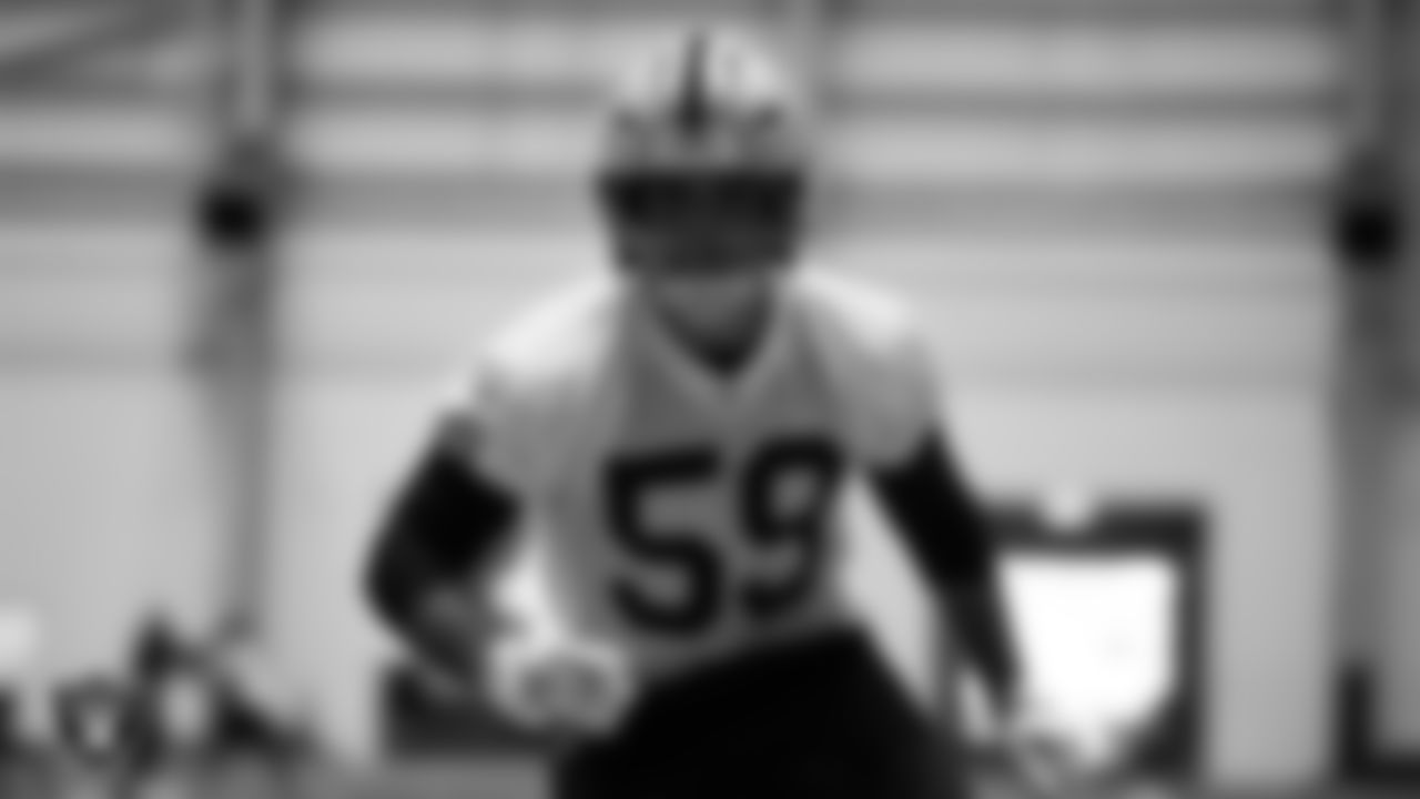 Las Vegas Raiders linebacker Jon Rhattigan (59) during practice at Intermountain Health Performance Center.