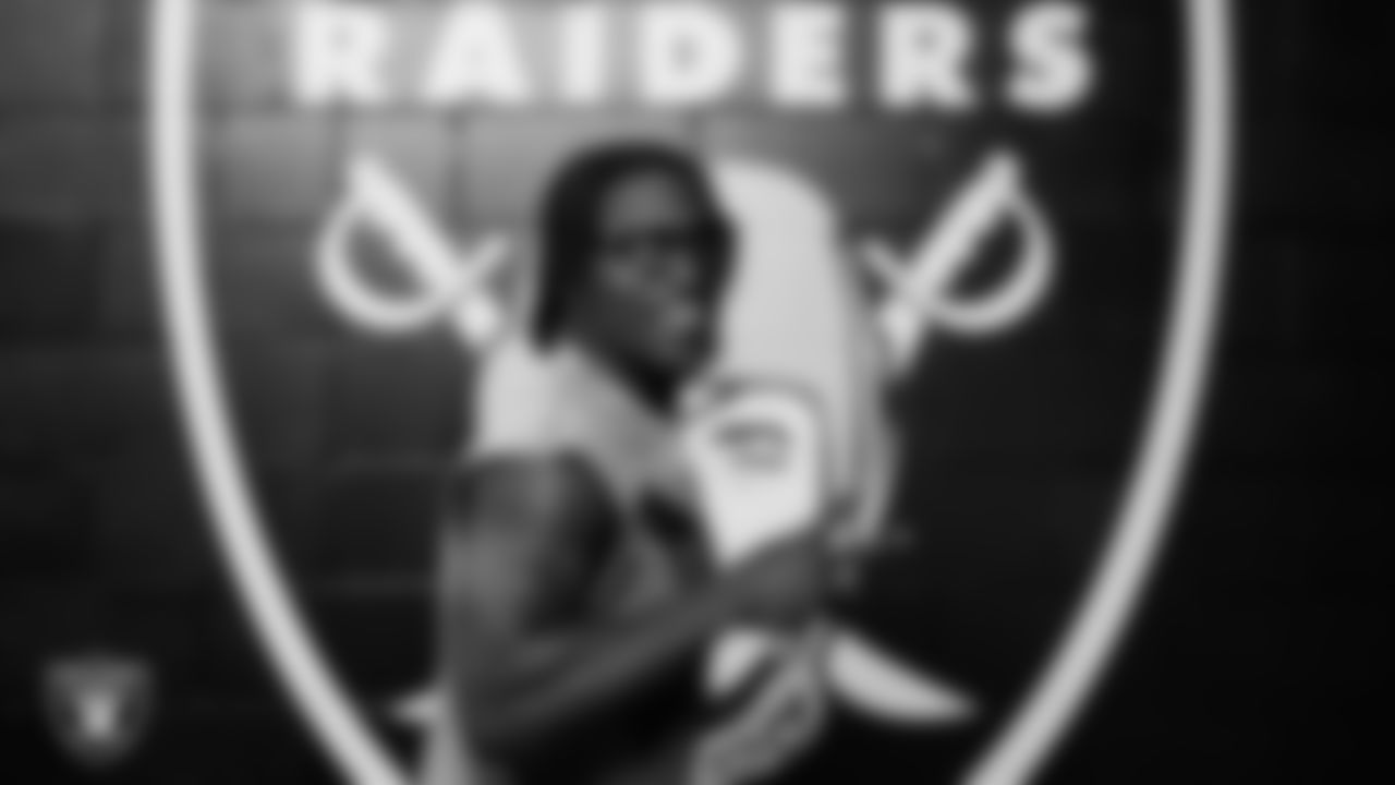 Las Vegas Raiders cornerback Darnay Holmes (30) arrives to the regular season home game against the Tennessee Titans at Allegiant Stadium.