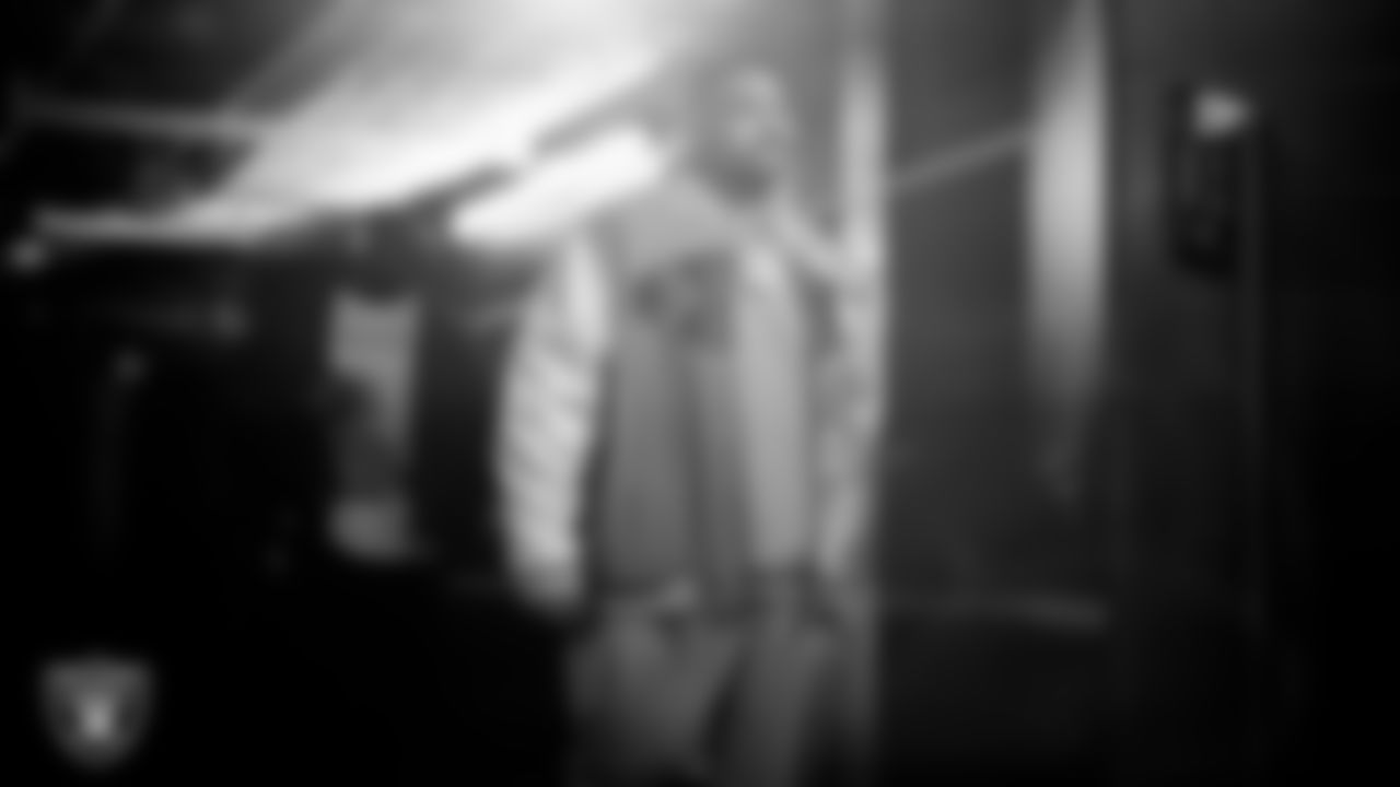 Las Vegas Raiders guard Atonio Mafi (56) arrives to the regular season home game against the Denver Broncos at Allegiant Stadium.