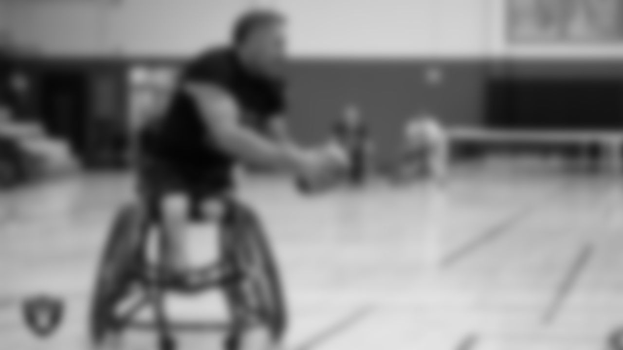 A member of the City of Las Vegas Wheelchair Football League during practice at Dula Community Center.