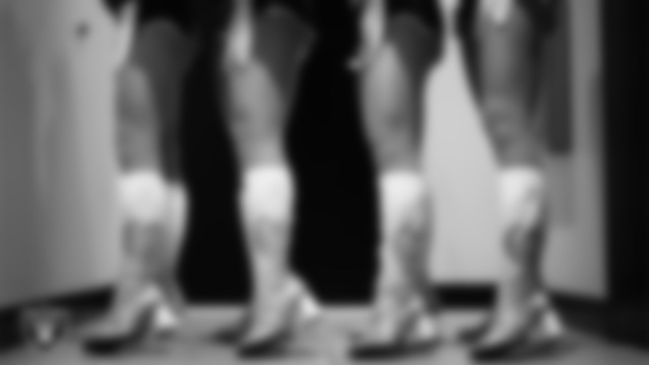 Raiderettes Lexie, Kylee, Cierra and Shayla pose for a photo in their custom boots for the NFL's My Cause My Cleats initiative at The Studio.