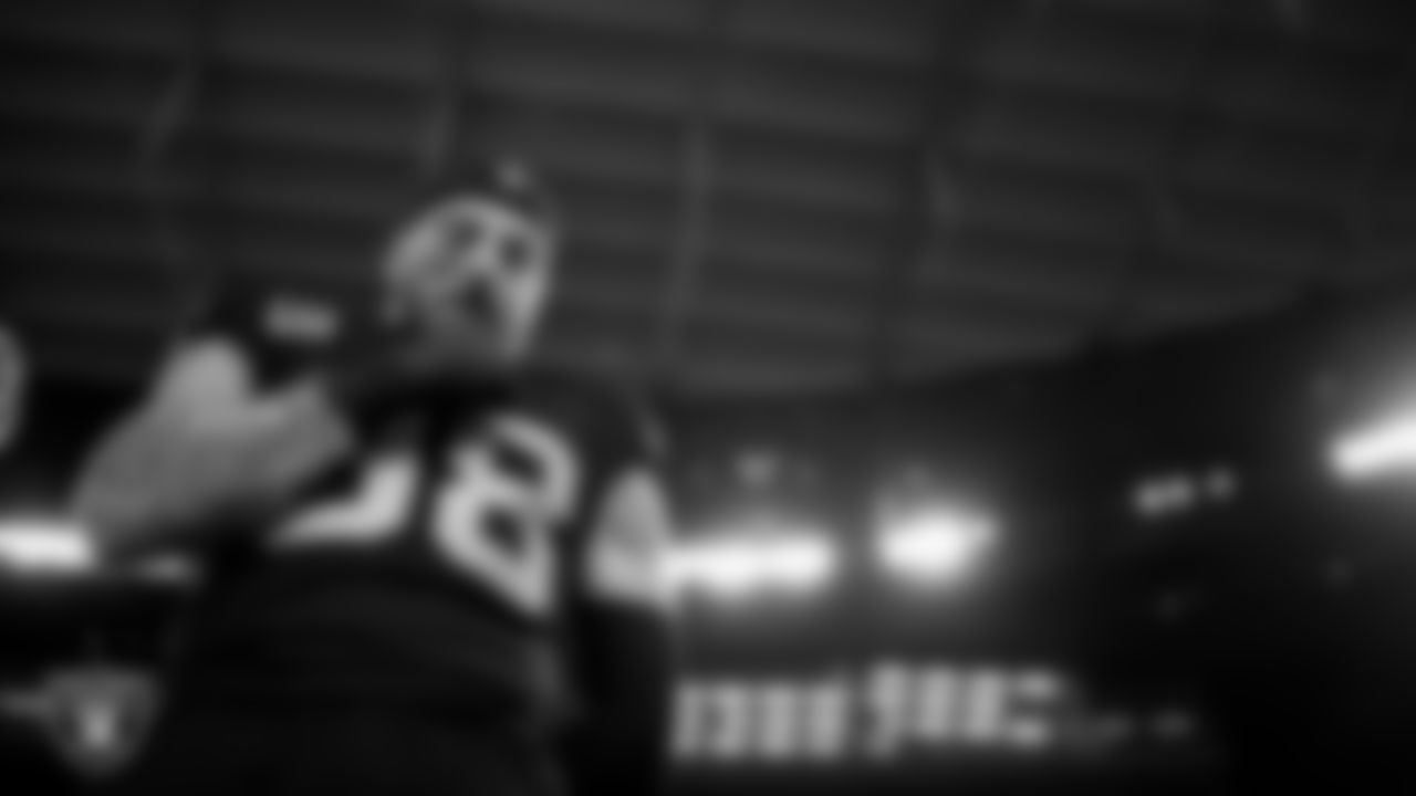 Las Vegas Raiders defensive end Maxx Crosby (98) during the national anthem before the regular season home game against the Los Angeles Chargers at Allegiant Stadium.