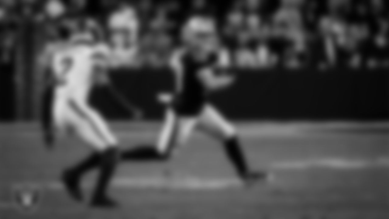 Las Vegas Raiders wide receiver Jack Bech (18) runs after making a catch during the regular season home game against the Denver Broncos at Allegiant Stadium.