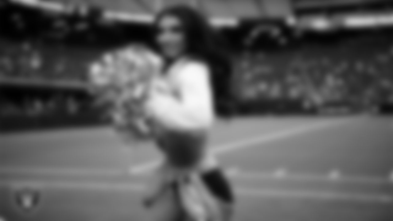 Raiderette Kylee performs on the sidelines during a 2025 Training Camp mock game at Allegiant Stadium.