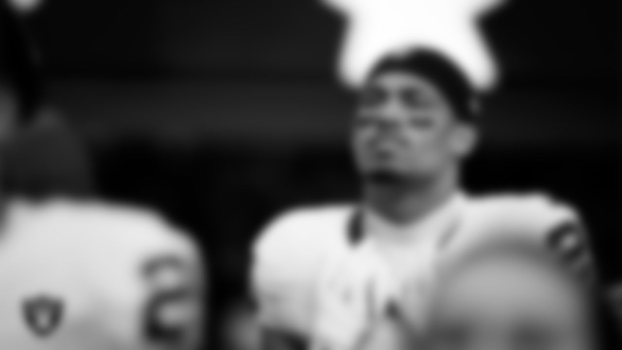 Las Vegas Raiders safety Isaiah Pola-Mao (20) during the national anthem before the regular season away game against the Los Angeles Chargers at SoFi Stadium.