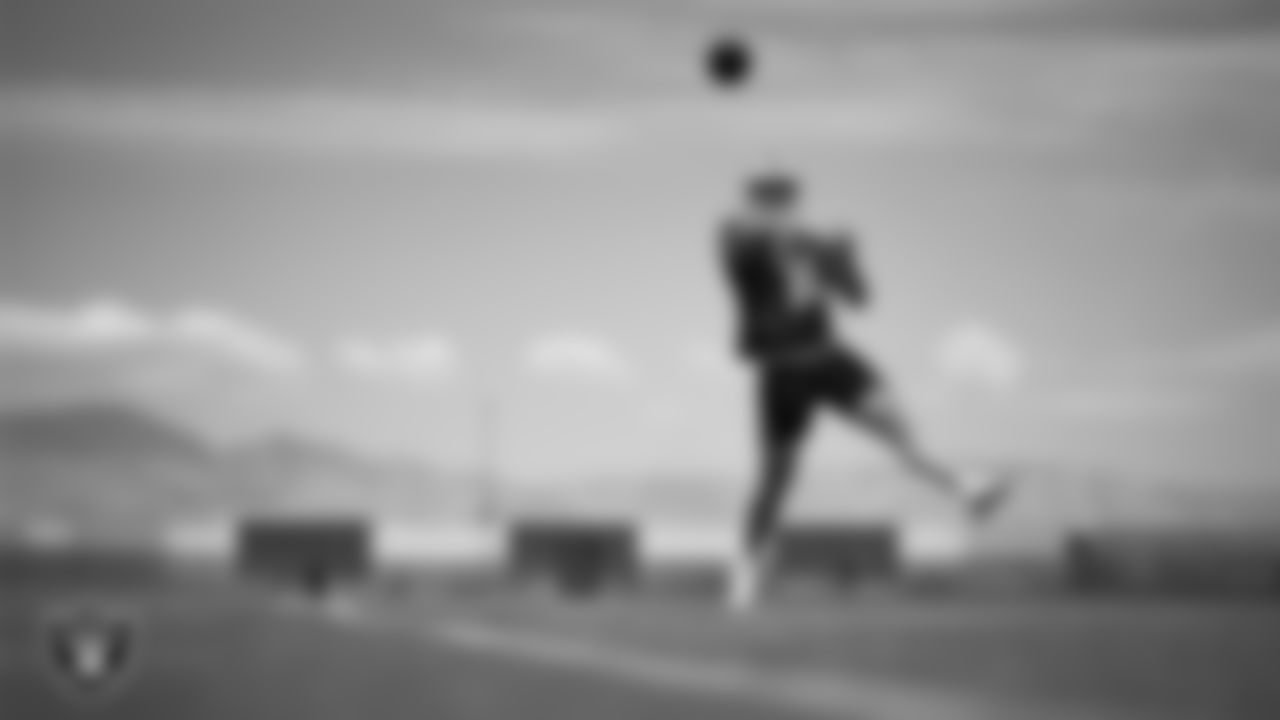 Las Vegas Raiders quarterback Carter Bradley (14) at an Organized Team Activity (OTA) at Intermountain Health Performance Center.