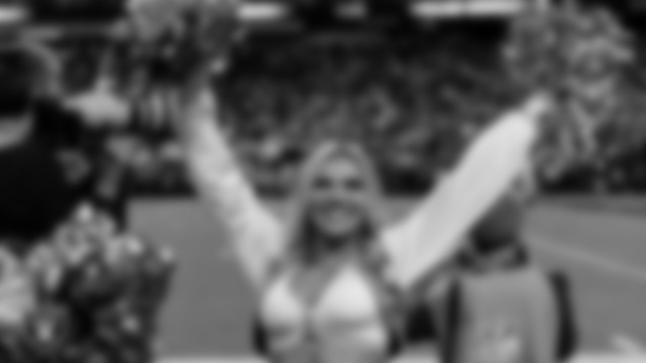 Raiderette Ali on the sidelines during the regular season home game against the Dallas Cowboys at Allegiant Stadium.