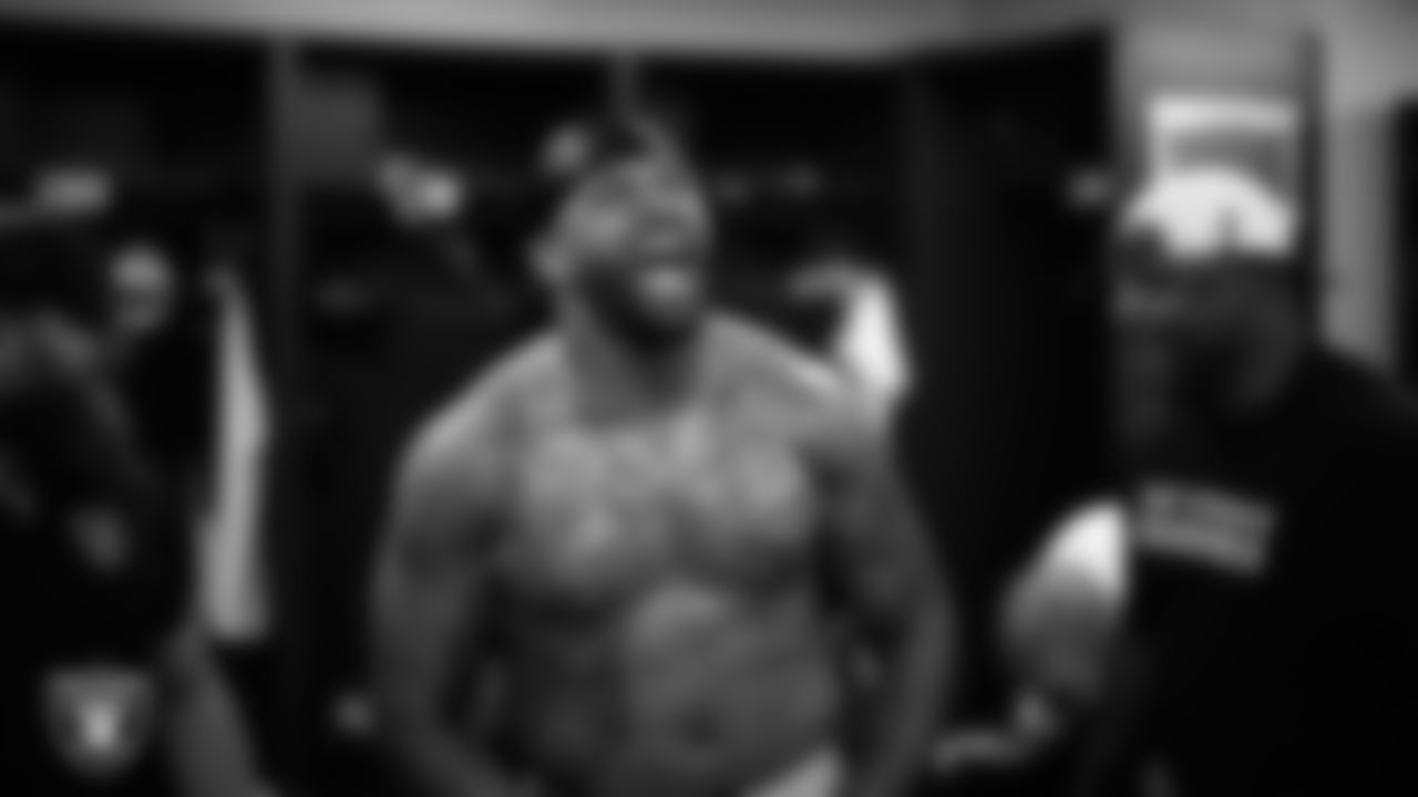 Las Vegas Raiders linebacker Jamal Adams (33) in the locker room after the regular season away game against the New England Patriots at Gillette Stadium.