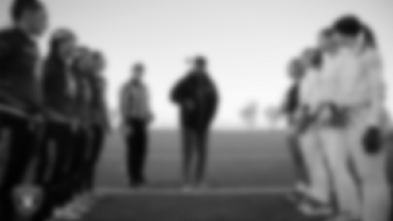 Las Vegas Raiders alumnus Chris McLemore during the coin toss before the Raiders' Flag Football Showcase game between Desert Oasis High School and Liberty High School at Desert Oasis High School.