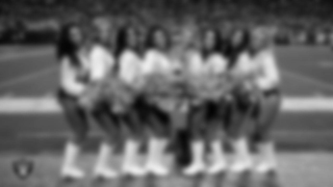 Line 1 of the Raiderettes on the sidelines during the regular season home game against the Denver Broncos at Allegiant Stadium.