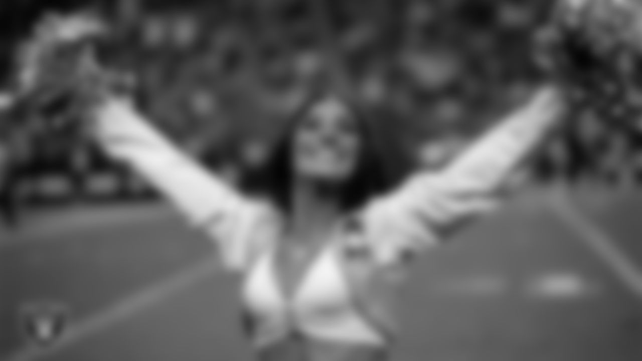 Raiderette Amanda on the sidelines during the regular season home game against the Jacksonville Jaguars at Allegiant Stadium.