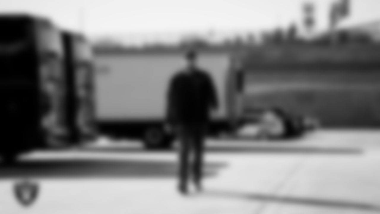 Las Vegas Raiders tackle Kolton Miller (74) arrives to the regular season home game against the New York Giants at Allegiant Stadium.