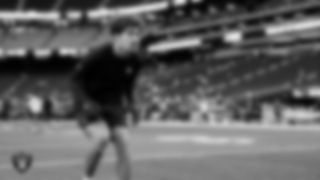 Las Vegas Raiders safety Tristin McCollum (27) warming up before the regular season home game against the Denver Broncos at Allegiant Stadium.