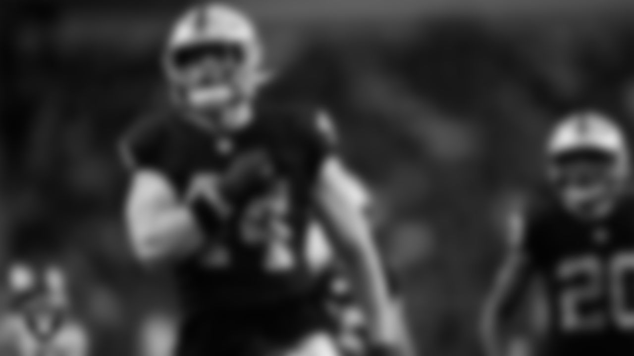 Las Vegas Raiders linebacker Tommy Eichenberg (44) celebrates after making a tackle during the regular season home game against the New York Giants at Allegiant Stadium.