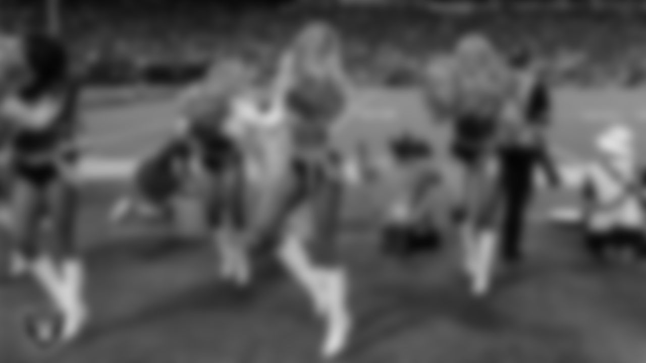 Raiderette Jordie performs on the sidelines during the regular season home game against the Los Angeles Chargers at Allegiant Stadium.