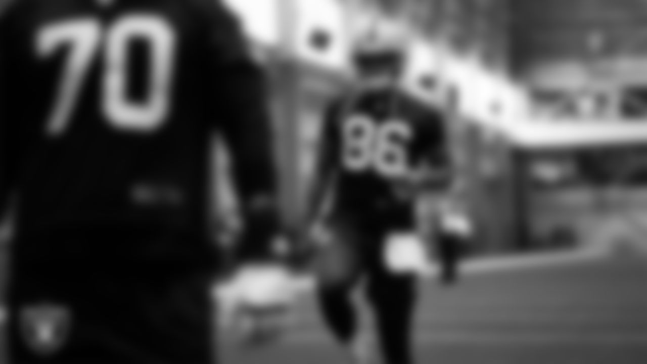 Las Vegas Raiders tight end Albert Okwuegbunam (86) during practice at Intermountain Health Performance Center.