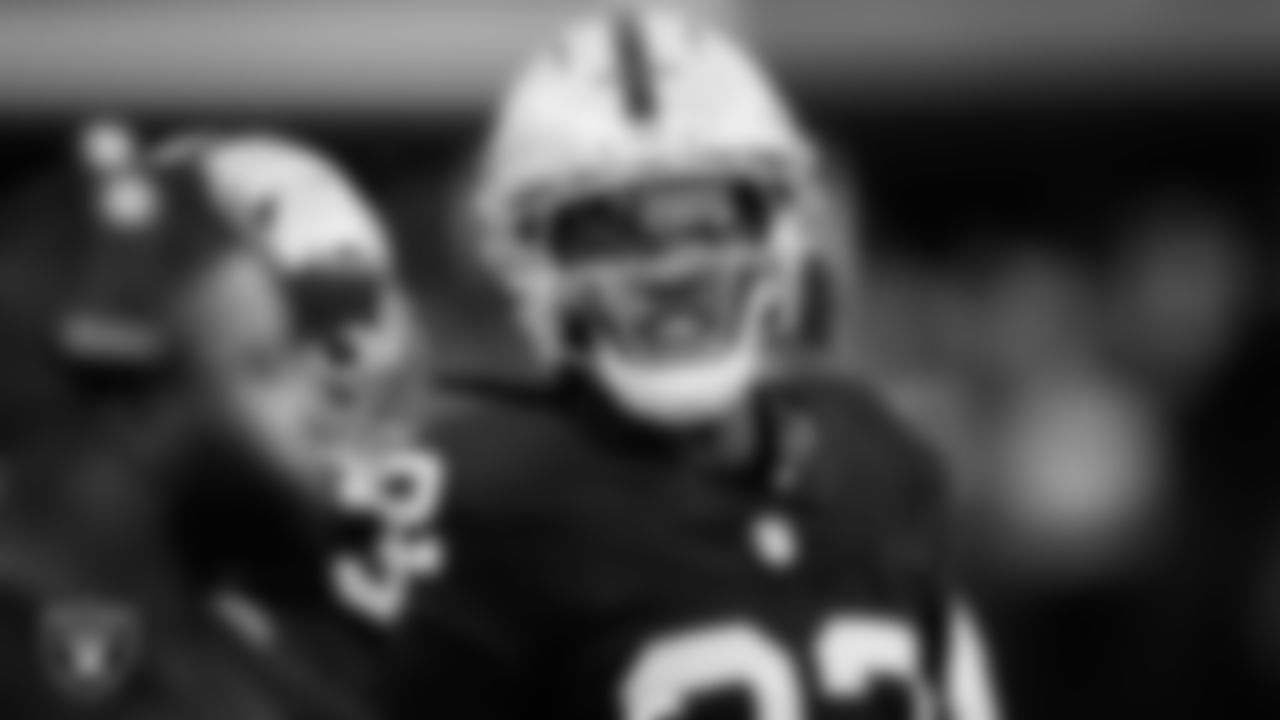 Las Vegas Raiders safety Lonnie Johnson Jr. (32) on the sidelines during the regular season home game against the Cleveland Browns at Allegiant Stadium.