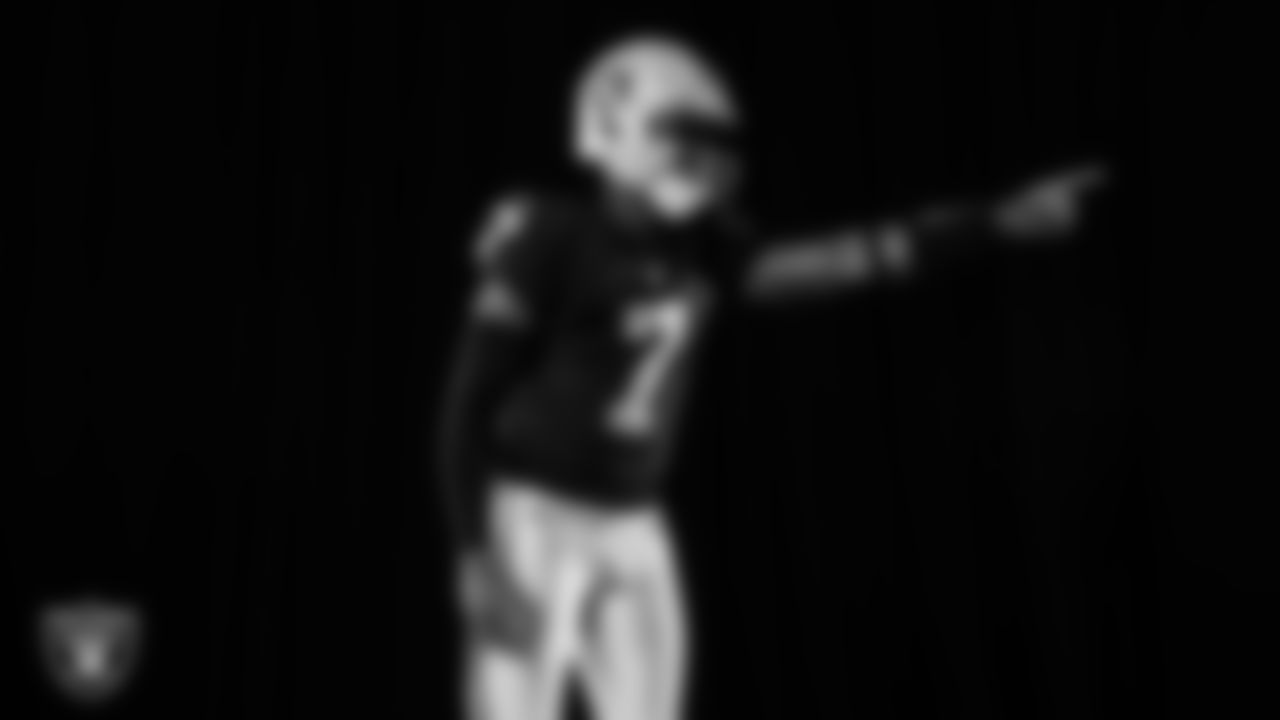 Las Vegas Raiders quarterback Geno Smith (7) poses for a photo at the 2025 Raiders Media Day.