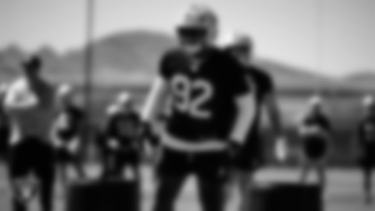 Las Vegas Raiders defensive tackle JJ Pegues (92) at day one of 2025 Rookie Minicamp at Intermountain Health Performance Center.