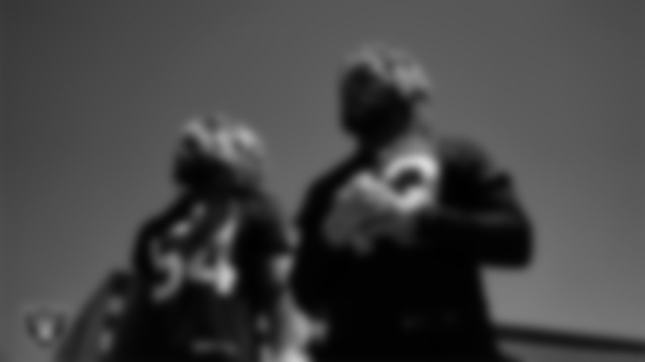 Las Vegas Raiders linebacker Jaylon Smith (54) and linebacker Michael Barrett (43) at an Organized Team Activity (OTA) at Intermountain Health Performance Center.