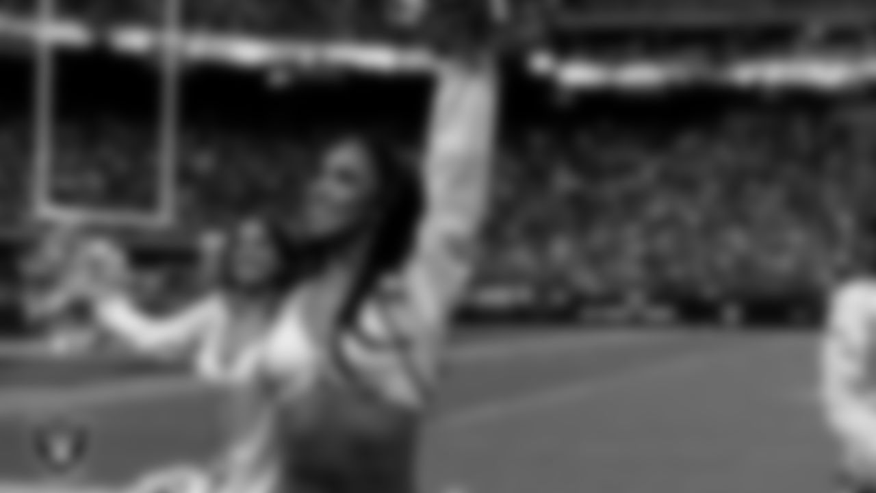 Raiderette Cierra on the sidelines during the regular season home game against the Jacksonville Jaguars at Allegiant Stadium.