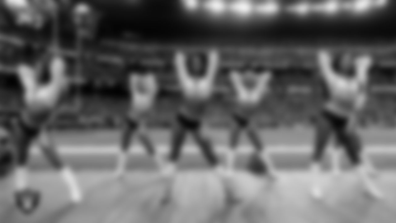 Line 4 of the Raiderettes performs on the sidelines during the regular season home game against the Cleveland Browns at Allegiant Stadium.