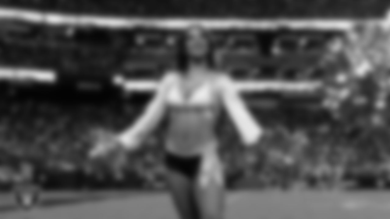 Raiderette Reagan on the sidelines during the regular season home game against the Los Angeles Chargers at Allegiant Stadium.