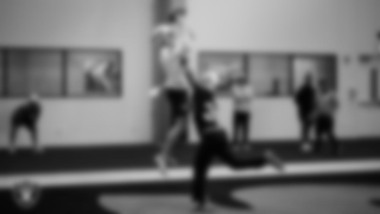 Las Vegas Raiders wide receiver Jack Bech (18) and cornerback Darnay Holmes (30) during practice at Intermountain Health Performance Center.