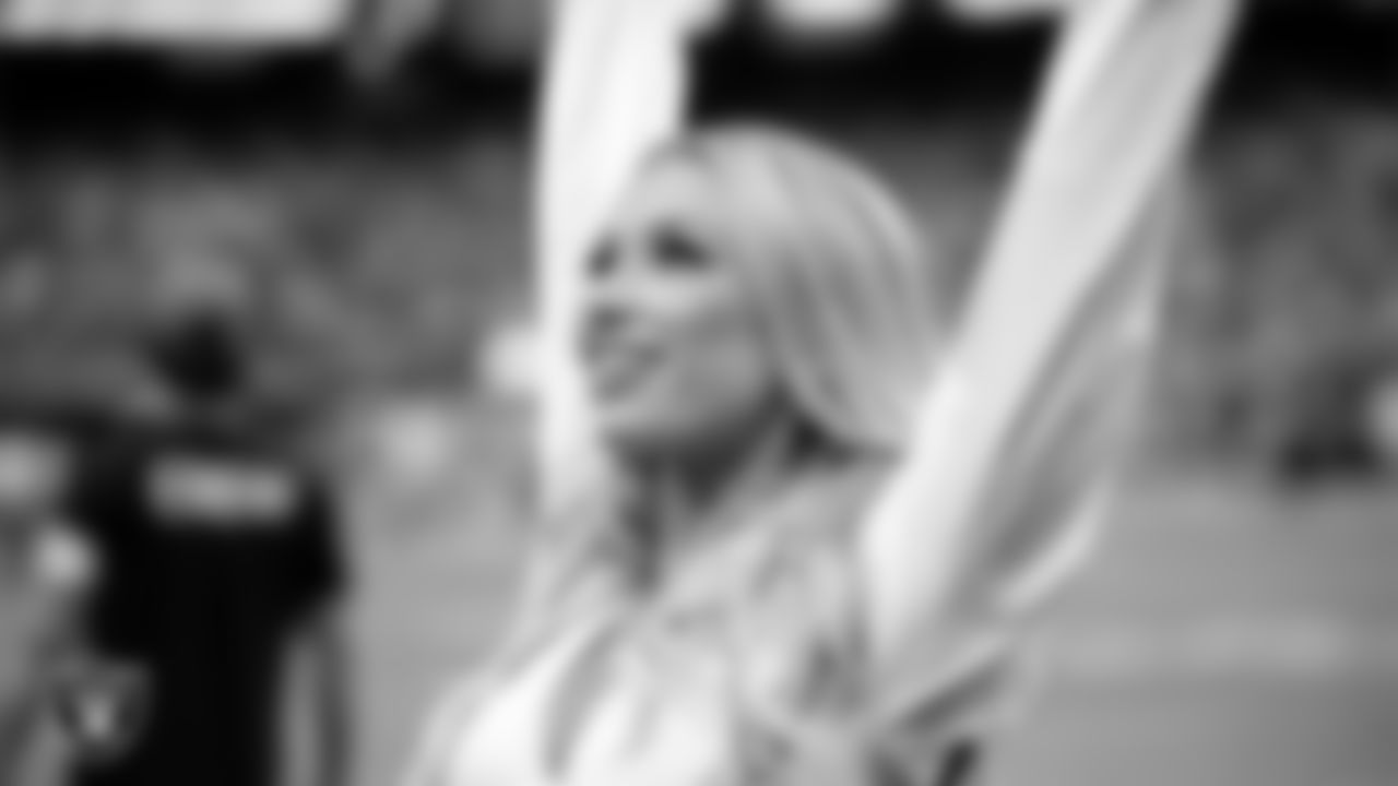 Raiderette Delaney on the sidelines during the preseason home game against the San Francisco 49ers at Allegiant Stadium.