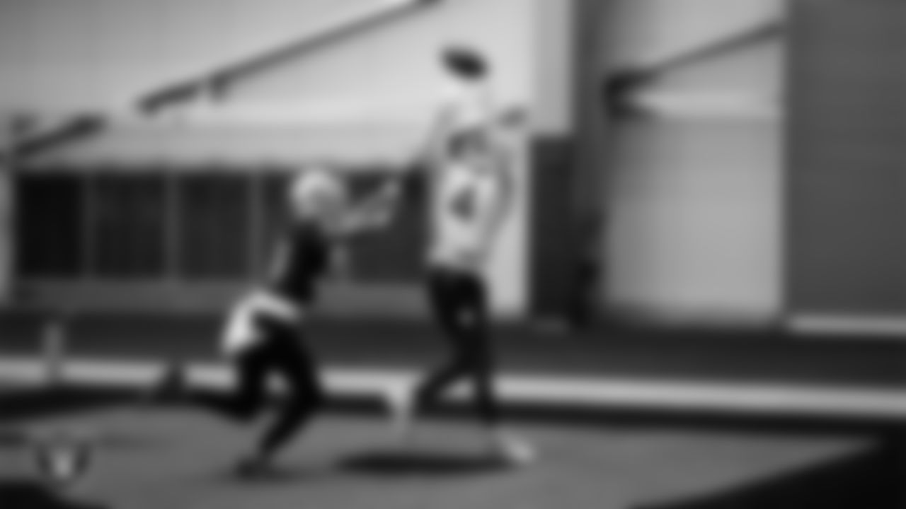Las Vegas Raiders cornerback Kyu Blu Kelly (36) and wide receiver Shedrick Jackson (4) during practice at Intermountain Health Performance Center.