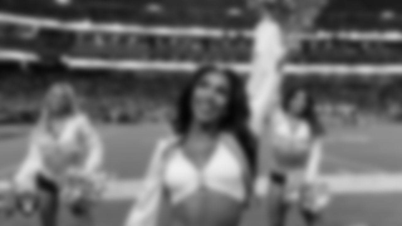 Raiderette Cierra on the sidelines during the regular season home game against the Los Angeles Chargers at Allegiant Stadium.