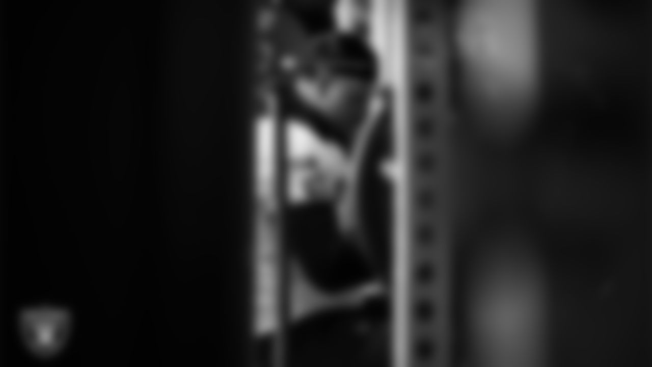 Las Vegas Raiders guard Caleb Rogers (76) in the weight room during practice at Intermountain Health Performance Center.