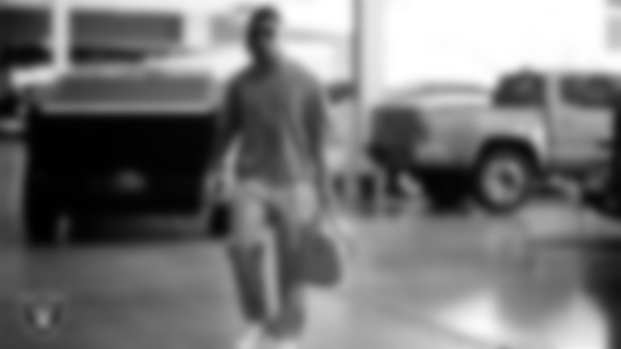 Las Vegas Raiders wide receiver Tre Tucker (1) arrives to the regular season home game against the Jacksonville Jaguars at Allegiant Stadium.