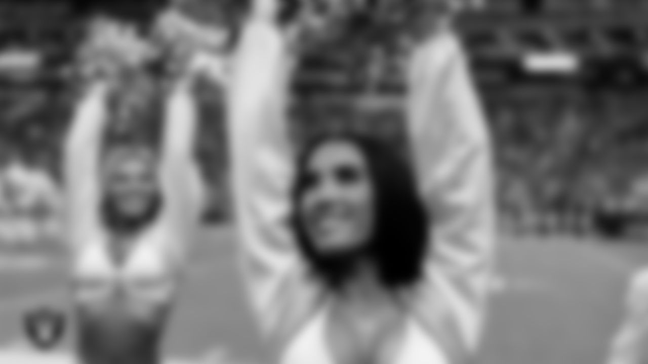 Raiderette Kylie on the sidelines during the regular season home game against the Cleveland Browns at Allegiant Stadium.