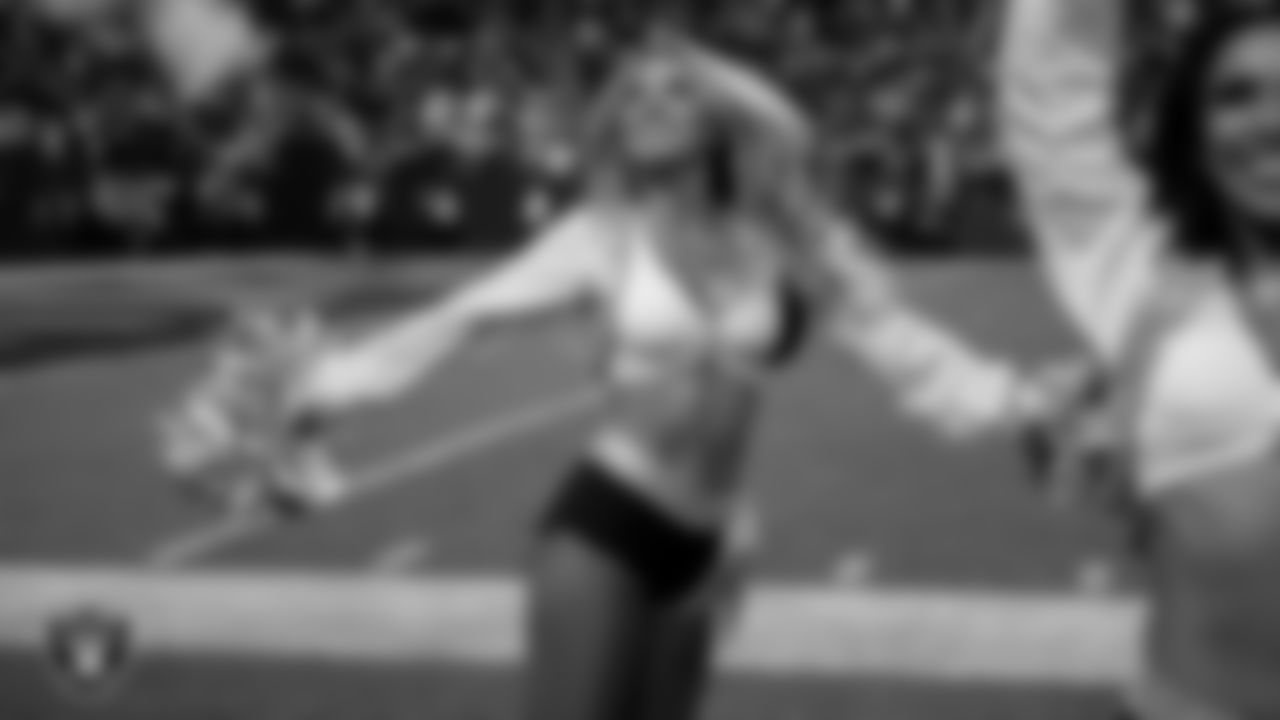 Raiderette Hayley on the sidelines during the regular season home game against the Kansas City Chiefs at Allegiant Stadium.