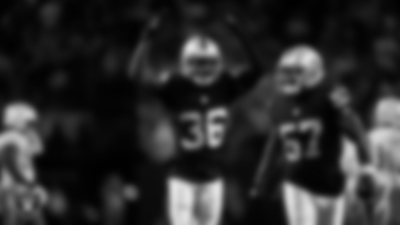 Las Vegas Raiders cornerback Kyu Blu Kelly (36) celebrates after making a tackle during the regular season home game against the Los Angeles Chargers at Allegiant Stadium.