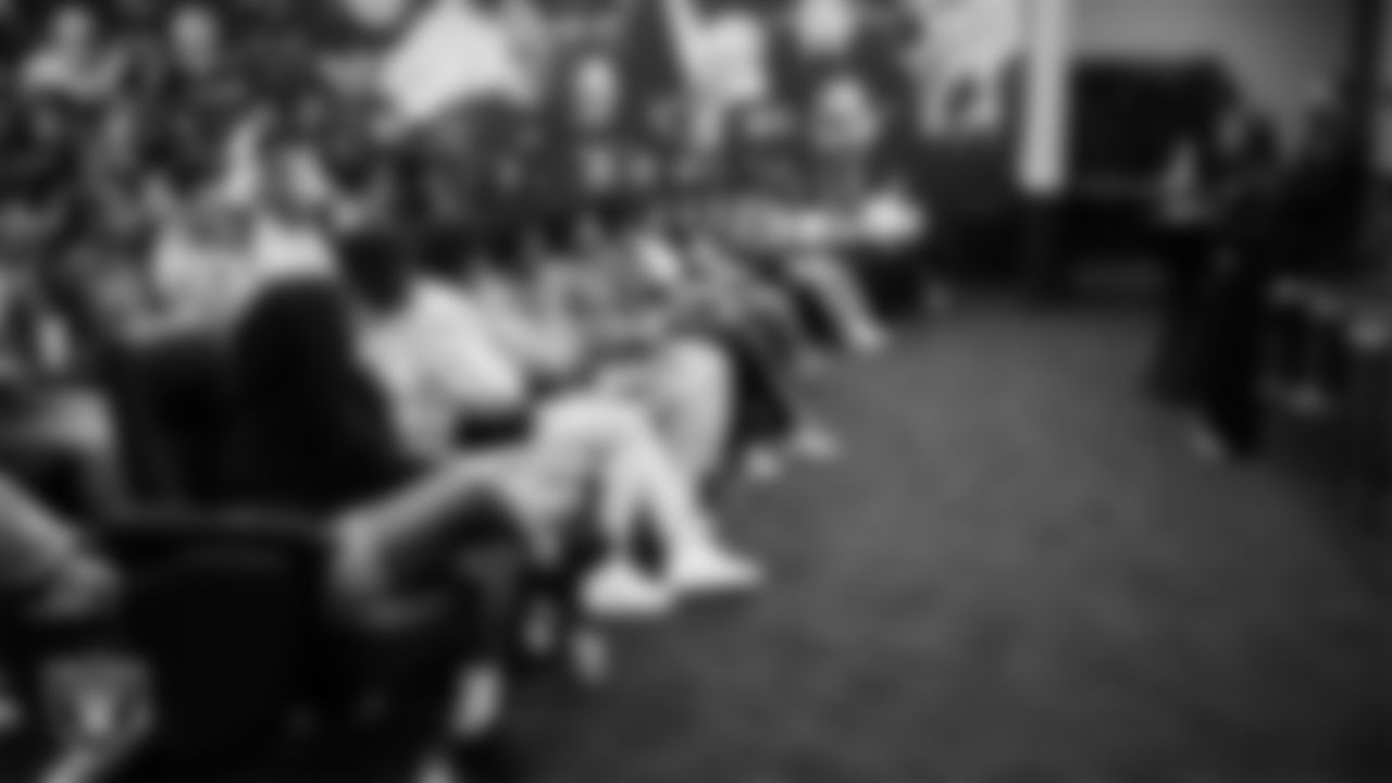 Las Vegas Raiders President Sandra Douglass Morgan speaks to students during the Employee Resource Group Mentorship Program at Las Vegas Raiders Headquarters.